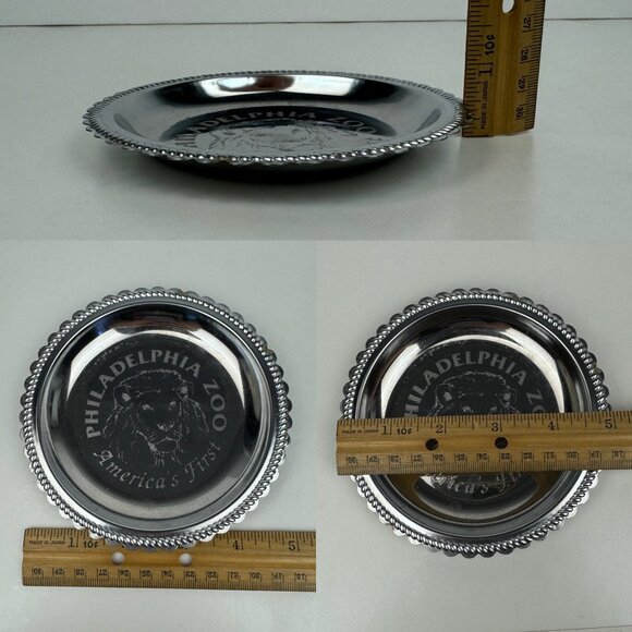 Vtg Small Round Silver Metal Philadelphia Zoo America's First Lion Etched Dish - Picture 3 of 15
